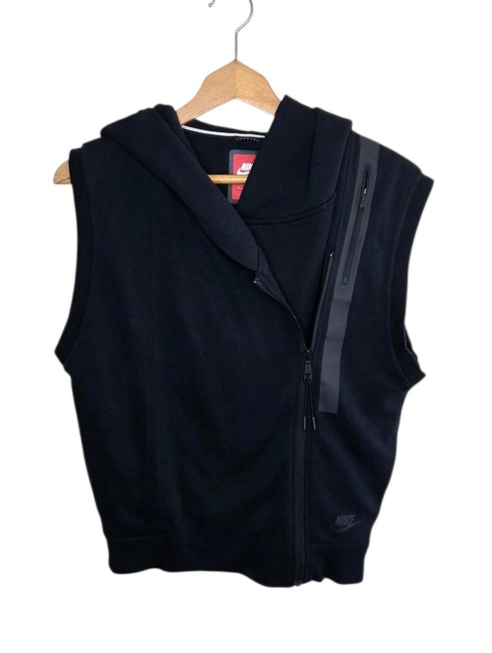 Nike Black Tech Fleece Asymmetrical Zip Hooded Vest Size Small Sporty Athletic